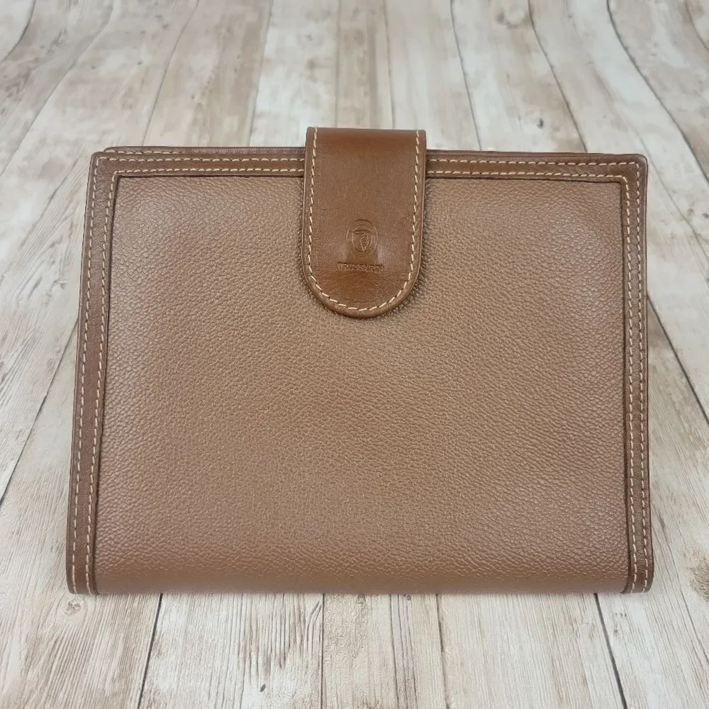 Vintage Trussardi Brown Leather Bifold Wallet with Checkbook Sleeve Portmanteau